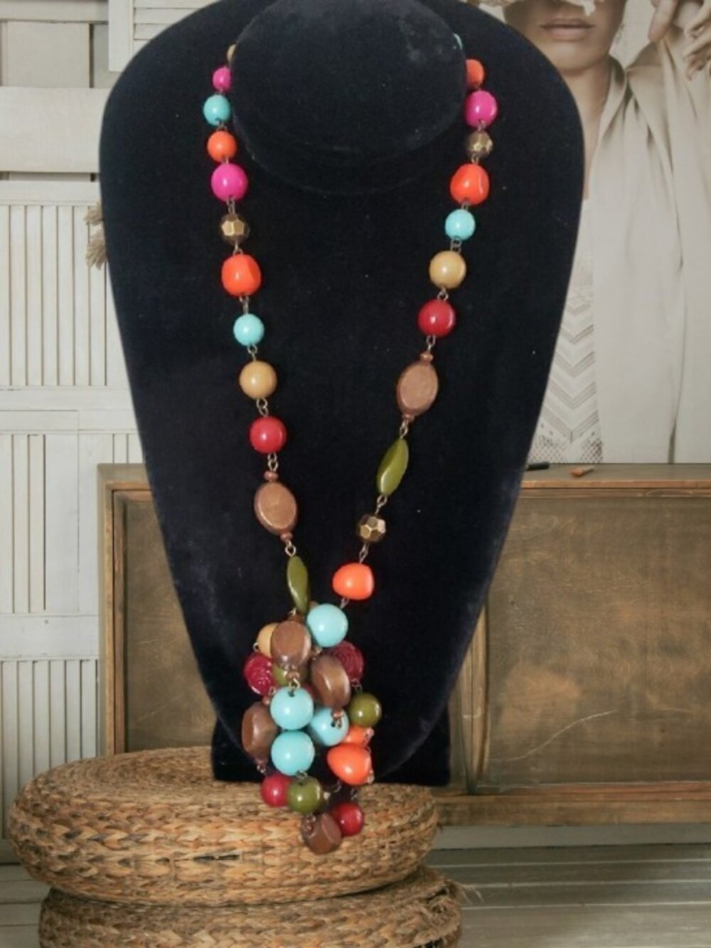 Vintage Multicolor Assorted Shape Wood and Bead Statement Necklace